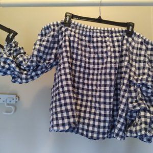 Lane Bryant Gingham Off-the-Shoulder Crinkly Long Sleeved Top